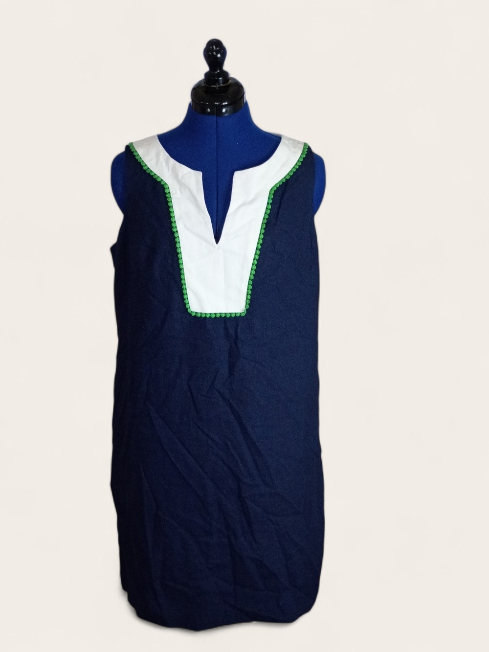 Vintage Linen Navy Sleeveless Dress with White and Green Trim